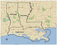 3-zone Option 2 – East,   West,   and Coastal zones with boundaries described as:  From the Arkansas-Louisiana border south on HWY 167 to Opelousas; thence west on HWY 190 and LA 12 to the Texas state line.  From the junction of HWY 167 and HWY 190 south to Lafayette; thence east on I-10 to Baton Rouge; thence east on I-12 to Slidell; thence east on I-10 to the Mississippi state line.  Intentions: This option has the same intentions described in the 3-zone option 1, but provides simplified zone boundaries.  The simplified zone boundaries in this option also moves a larger  portion of the  East zone into the Coastal zone, specifically the habitat south of I-10 from Lafayette to Baton Rouge and south of I-12 from Baton Rouge to Hammond that were traditionally in the East zone would be moved into the Coastal zone.