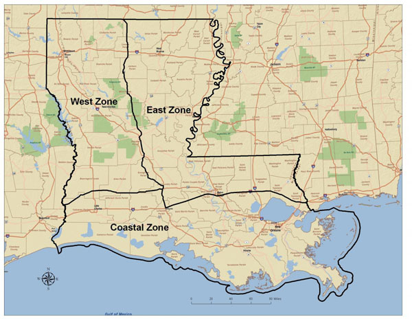 3-zone Option 2 – East, West, and Coastal zones with boundaries